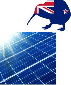 Kiwi covered in the New Zealand flag standing above a solar panel